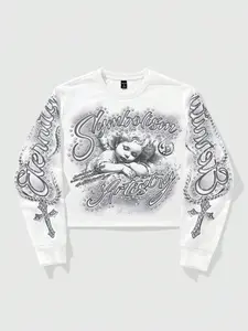 [1PC] Men's Cyber Y2K Angel Graphic Sweatshirt Grunge Aesthetic Pullover with Cross Sleeve Print Streetwear White Top for Men