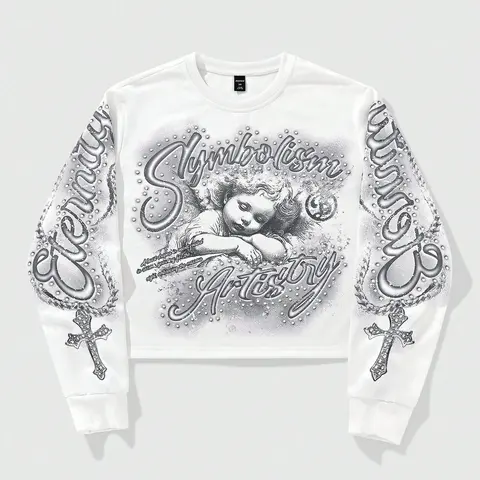 [1PC] Men's Cyber Y2K Angel Graphic Baggy Loose Long Sleeve Sweatshirt Grunge Punk Aesthetic Casual Pullover with Cross Sleeve Print Streetwear White Top for Men
