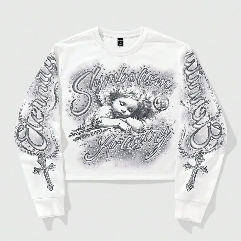[1PC] Men's Cyber Y2K Angel Graphic Baggy Loose Long Sleeve Sweatshirt Grunge Punk Aesthetic Casual Pullover with Cross Sleeve Print Streetwear White Top for Men