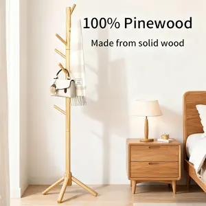 Coat Rack Sturdy Wooden Coat Rack Stand, Adjustable Coat Tree, Free Standing Tree Hanger with 4 Sections & 8 Hooks, for Home/Bedroom/Office/Hallway/Entryway