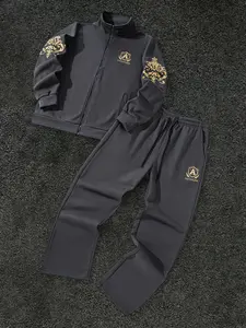 1 men's polyester 2-piece tracksuit - embroidered lettering, long-sleeved full-zip sweatshirt and drawstring sweatpants, light stretch knit fabric, lapel, regular tracksuit