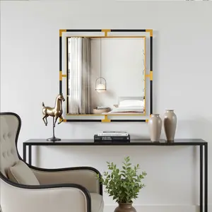 Modern Black & Gold Double-Frame Square Wall Glass Mirror, 39.4x39.4in Rounded Corner - Easy Installation, Safe Home Decor for Hanging/Leaning, Horizontal/Vertical Use in Bathroom, Bedroom