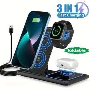 3-In-1 Fast Wireless Charger, Foldable Office TravelCharger,Charging Stand with LED Light for lphone15/14/13/12/11,apple watch,Airpods molinillo  eléctrico Usb C Rechargeable Cellphone