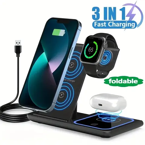 3-In-1 Kitchen Electric Molinillo Wireless Charger Stand - USB-C Rechargeable, Fast Charging Supported, LED Light, Folding Design, Storage Function for Cellphone, Smartphone, Wearable, Wireless Earbuds, Less Clutter