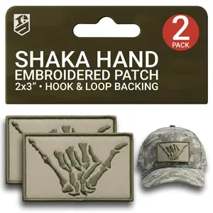 Subdued Shaka Hand Patch Set – 2Pcs Gray Embroidered Skeleton Tactical Patches (2x3 Inches)