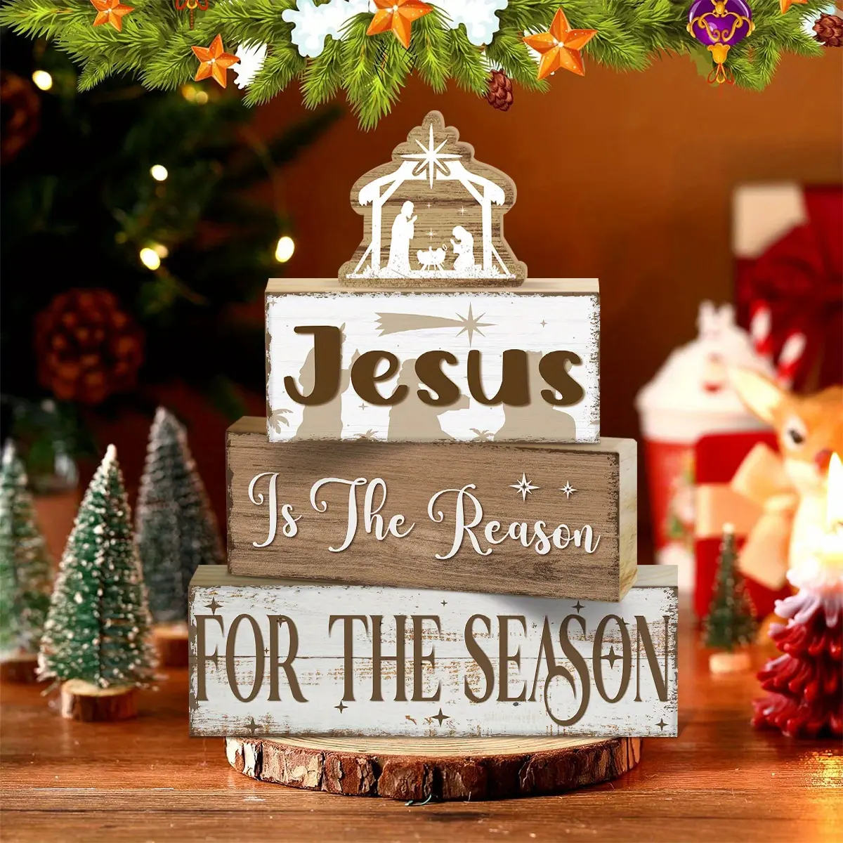 4pcs Wooden Christmas Decorative Plaques & Ornaments, Nativity Silhouette Tiered Tray Decor, Christmas Centerpiece, Nativity Silhouette Block Signs Gift, Farmhouse Winter Table Decoration for Home
