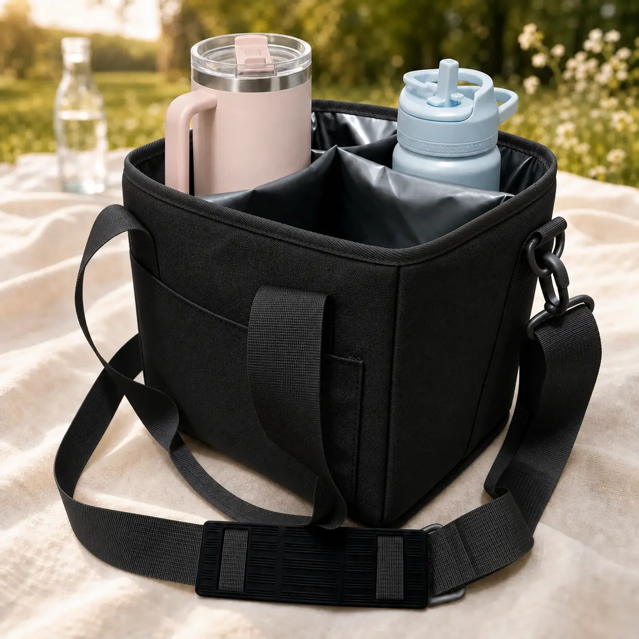 2-in-1 Insulated Tumbler Organizer Bag & Lunch Box, Large-Capacity Water Bottle Carrier with Detachable Shoulder Strap, Crossbody Cup Holder for Travel Picnic
