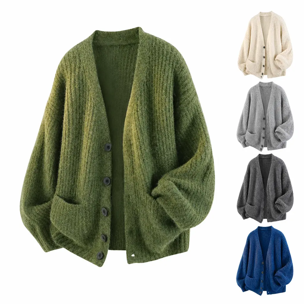 Five-color knit cardigan with a V-neck and single-breasted design, loose fit, versatile casual outerwear for autumn and winter