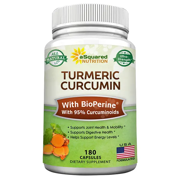 aSquared Nutrition Turmeric Curcumin 1600mg with BioPerine Black Pepper Extract - 180 Capsules with 95% Curcuminoids, 100% Natural Tumeric Root Powder Supplements, Natural Joint Stiffness Relief Pills
