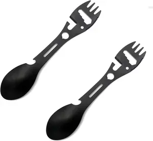 Multifunctional Outdoor Fork Spoon Detachable Tableware,10-in-1 Utility Tactical Spork, Stainless Steel Spoon & Bottle Opener, Fork & Knife, Combo Camping Utensil for Hiking(Black，2pcs)