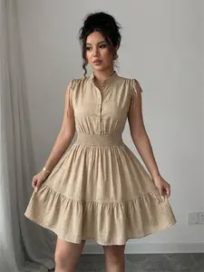 Summer Solid Color Stand Collar Sleeveless Tie Button Waistcoat Beach Vacation Dress, Casual Summer Dress for Women, Comfortable and Stylish, Casual Dress Style