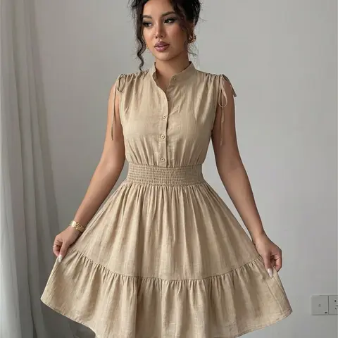 Summer Solid Color Stand Collar Sleeveless Tie Button Waistcoat Beach Wear Dress, Casual Summer Dress for Women, Comfortable and Stylish, Casual Dress Style