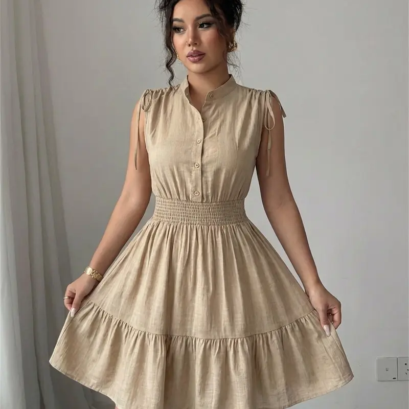 Summer Solid Color Stand Collar Sleeveless Tie Button Waistcoat Beach Wear Dress, Casual Summer Dress for Women, Comfortable and Stylish, Casual Dress Style