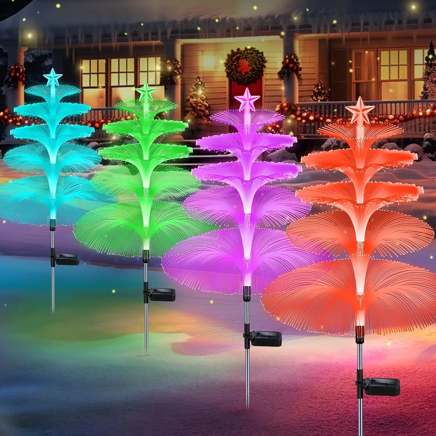 Solar LED Christmas Lights Xmas Tree Decoration Lights Outdoor Waterproof IP65 Solar LED Christmas Jellyfish Holiday Lights 5 Layer Optical Fiber 7 Color Changing for Halloween New Year Party Pathway Lawn Patio Outside Decorative(2pcs/4pcs/6pcs)