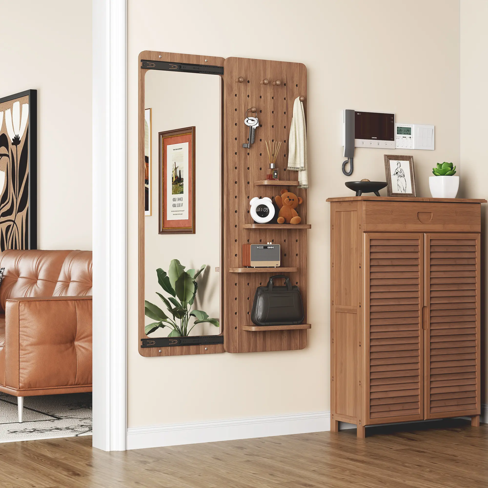 DOMISO Wall Mounted Wooden Pegboard, Full Length Mirror, Full Body Mirror with Shelf, Hook Wall Mounted Mirror with Multifunctional Design Panel