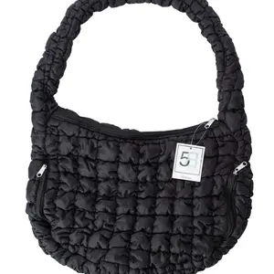 Black Puffy Quilted Handbag | Trendy Shoulder Purse | Lightweight Everyday Bag | Fashion Tote with Zipper Pockets