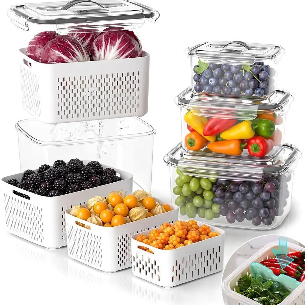 Fruit Storage Containers for Fridge with Removable Colander, 4 Pack Airtight Produce Containers with Divider, Stackable Food Storage Containers for Berry, Vegetable, Portable with handle#fathersdaygift