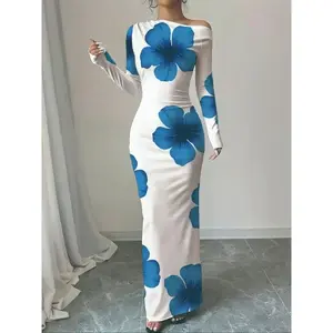 Elegant Floral Print Off-Shoulder Bodycon Dress, Sexy Slim-Fit Long Dress for Spring & Fall, Comfortable Fabric for Casual