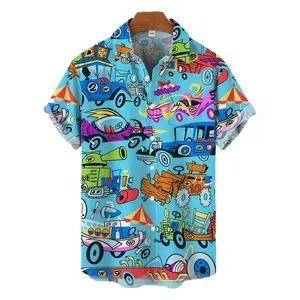 Men's Polyester Short-Sleeve Button-Down Hawaiian Shirt, Summer New Arrival, Casual Tropical Playful Cartoon Micro-Print Top, Ideal for Beach Outings & Relaxed Vacations