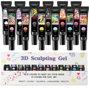 MeetNail 12 Pcs 3D Sculpting Gel Acrylic Resin Nail Carving Polish Soak Off Jelly Modeling Glue Soft Candy Cute Macaron DIY Nail Art Designs Manicure Cosmetic​ Cutics Durable  Glitter Long Lasting
