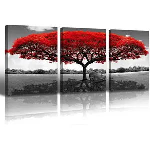 Tree of Life Canvas Wall Art for Living Room 3 Piece Red Tree Pictures for Bedroom Wall Decor Black and White Nature Scenery Painting Prints Modern Home Artwork Framed 12x16 Inch