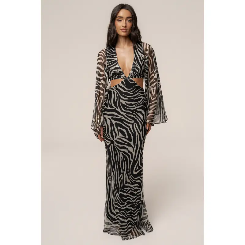 black and white zebra print maxi dress La Femme Ombre Zebra Print A-Line Evening Dress 16622 main image 1
