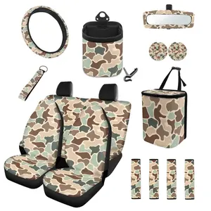 Camouflage Car Seat Cover Set 15 PCS Cow Print Auto Accessories with Steering Wheel Cover, Seat Belt Pads, Cup Coasters, Trash Bag, Air Vent Storage Bag, Rearview Mirror Cover, and Keychain for Cars, SUVs, Trucks, and Vans
