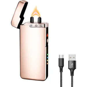 Plasma Lighter USB Lighter with LED Battery Indicator No Butane Windproof Lighters for Candles, BBQ, and Travel (Ice Gold)