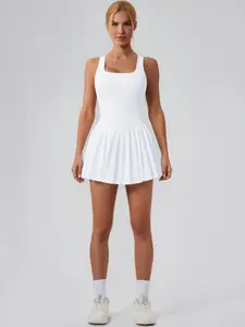 Ruffled Layered Tennis Skirt with Pockets Women's Athletic Yoga Dress White Skort Elastic Waist Solid Ruched Skorts