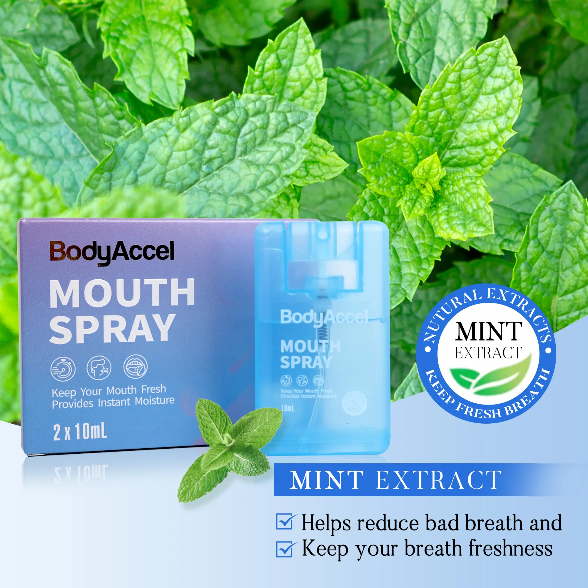BodyAccel Probiotic Oral Spray, Long-Lasting Breath Freshener with Lactobacillus and Mint Flavor, Alcohol-Free and Sugar-Free, 10ml, Lightweight, Probiotic Oral Care, Mouthwash, Peppermint