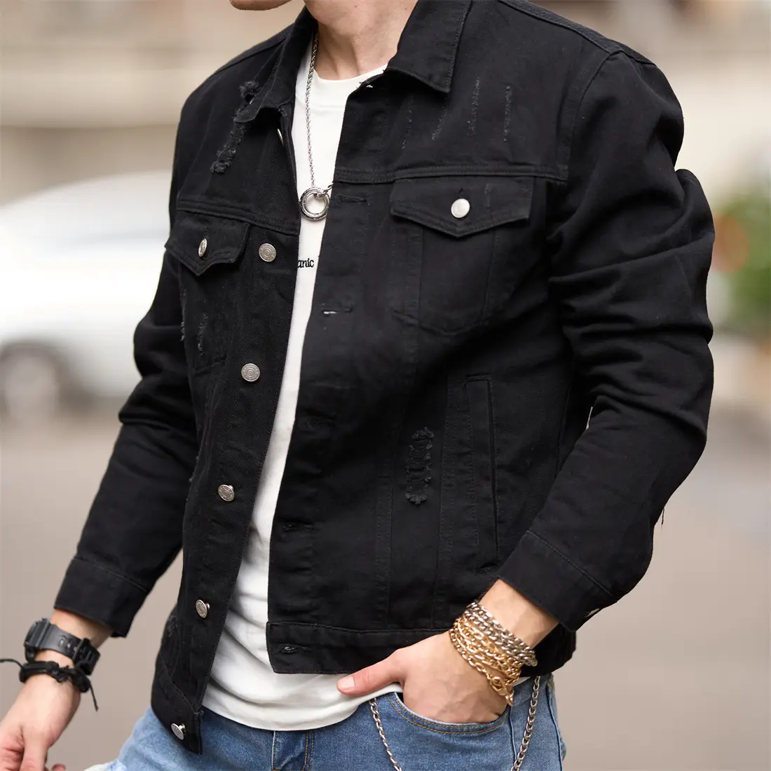 Men's Slim Ripped Cotton Fabric Denim Jacket - New Streetwear, High-Quality Plain Long-Sleeve Solid Casual Coat, Summer Sale Tops