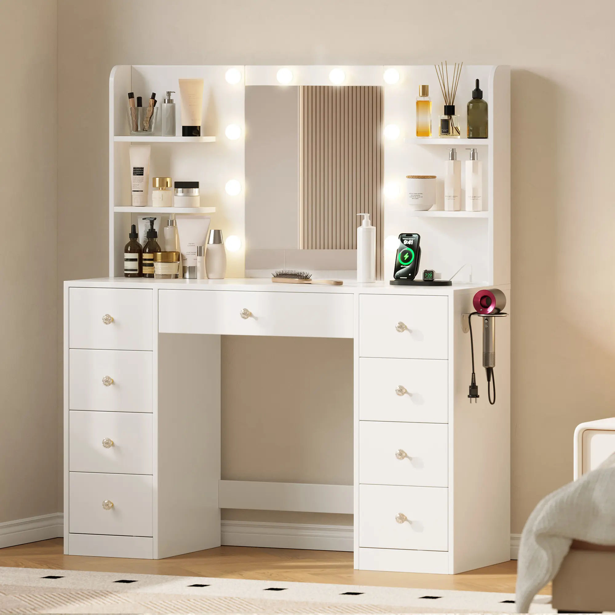 [FallPick] Must-Have Vanity Desk with Mirror Lights | 9 Drawers, 6 Shelves & Power Outlet - 3 Color Modes 10 LED Bulbs Dressing Table, Perfect Gift for Daughter, Wife & Mom