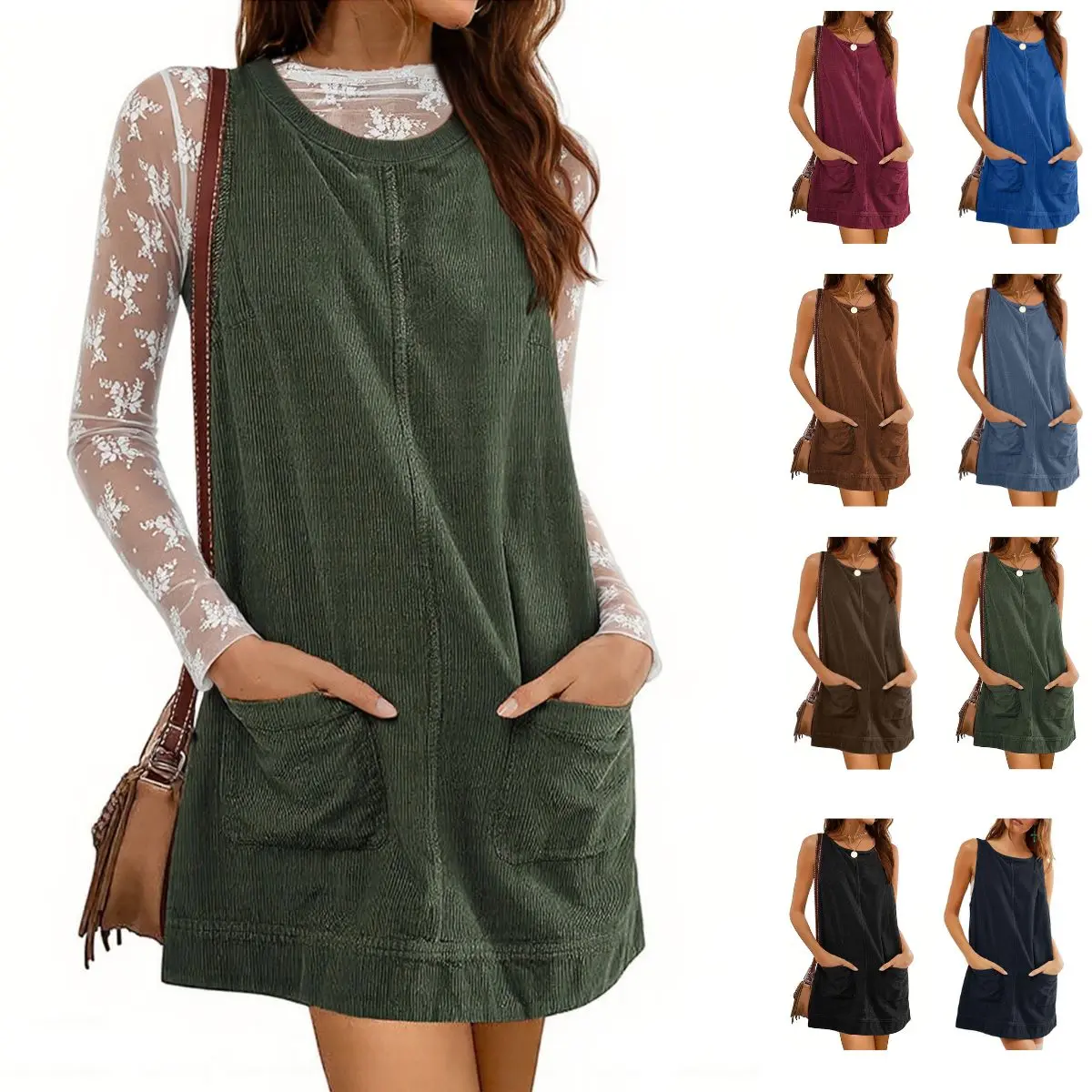 Yeokou Corduroy Pinafore Dress for Women, Basic A-Line Shift Jumper with Pockets, Scoop Neck and Low-Cut Armholes, Sleeveless, Casual, Lady, Front Pocketed