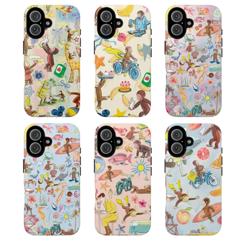 Playful beach-themed design with colorful illustrations of CCurious Georgeee phone case , sea creatures, flowers, and summer icons, gift, monkey, cover, tough phone case