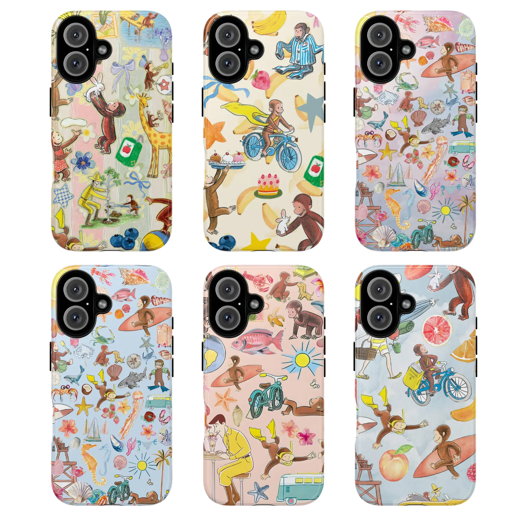 Playful beach-themed design with colorful illustrations of CCurious Georgeee phone case , sea creatures, flowers, and summer icons, gift, monkey, cove