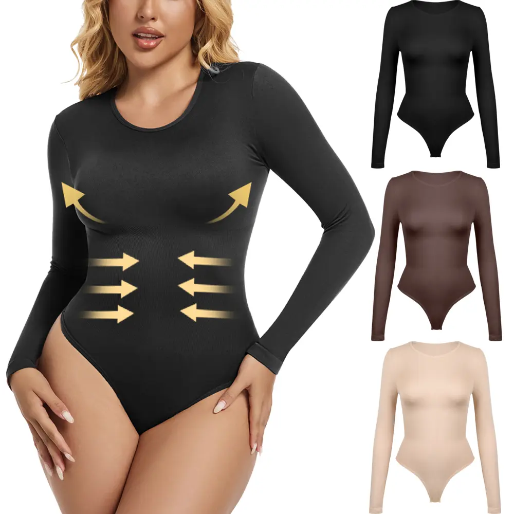 Women's Solid Round Neck Long Sleeve Thong Shapewear Bodysuit, Tummy Control Butt Lifting Button Closure Crotch Shaper, Body Shapewear, Ladies Shapewear For All Seaons Womenswear Tops