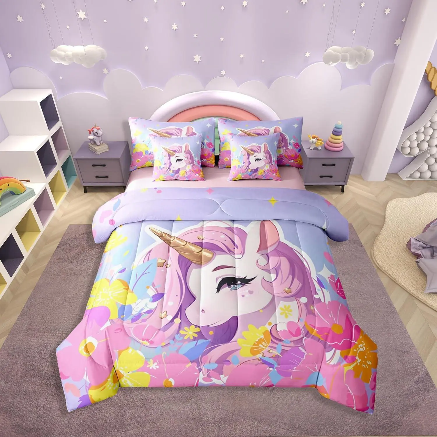 Unicorn Comforter Set for Girls Purple Unicorn 7 Piece Bedding Set for Kids Fantasy Girls Room Decor Kawaii Horse Quilt Pink Yellow Flowers Sheet Set,Soft Microfiber Bed Set