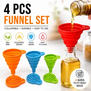 Kitchen Funnel Set 4 Pack, Small and Large Foldable Silicone Collapsible Funnels, Food Grade Kitchen Gadgets for Filling Water Bottles, Liquid Transfer, Oil, Sauce, Spices, Dry Goods, Cooking Prep and Space-Saving Storage
