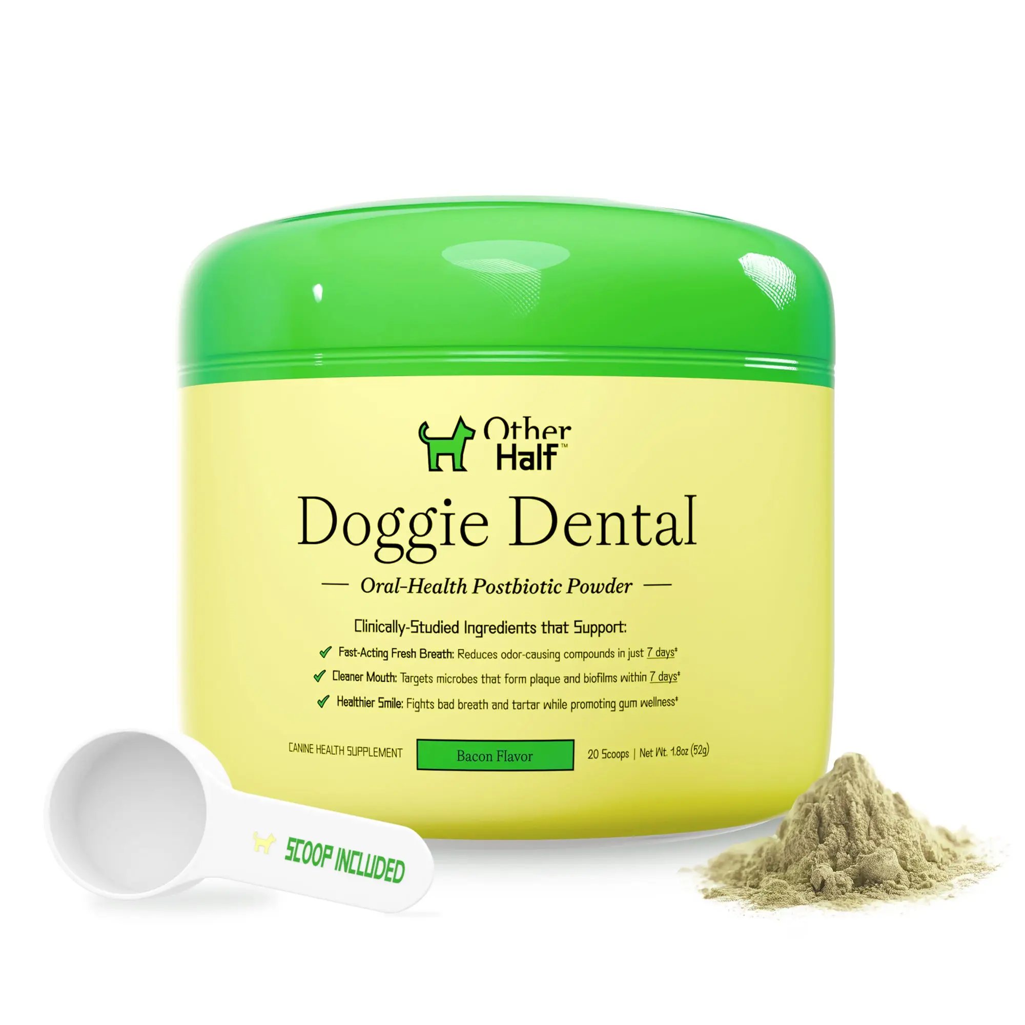Other Half Doggie Dental Oral Health Powder - Bacon Flavor, 20 Scoops for Dog Br...