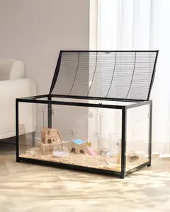 Hamster Cage Habitat 37.8in Clear Pet Rodent Gerbil and Mouse Small Animal House, Multi-Level Spacious Enclosure with Easy-Clean Plastic Base, Ventilated Wire Mesh Panels, Safe Locking Doors, Includes Water Bottle and Food Dish