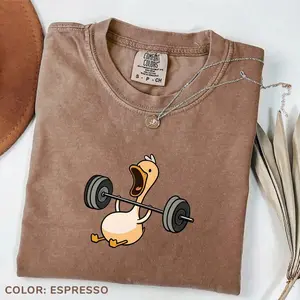 Unisex Cotton Graphic Tee Funny Lifting Duck Print Shirt Gym Workout Fitness Humor Retro Style Streetwear Soft Breathable Short Sleeve Crewneck Casual Everyday Wear Gift Idea Weightlifting Animal Meme Top