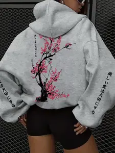 Women's Casual Fitted Lightweight Floral Hooded Fleece Sweatshirt, Plum Branch Print, Valentine's Day Unisex, Couple Matching, Fashion Streetwear