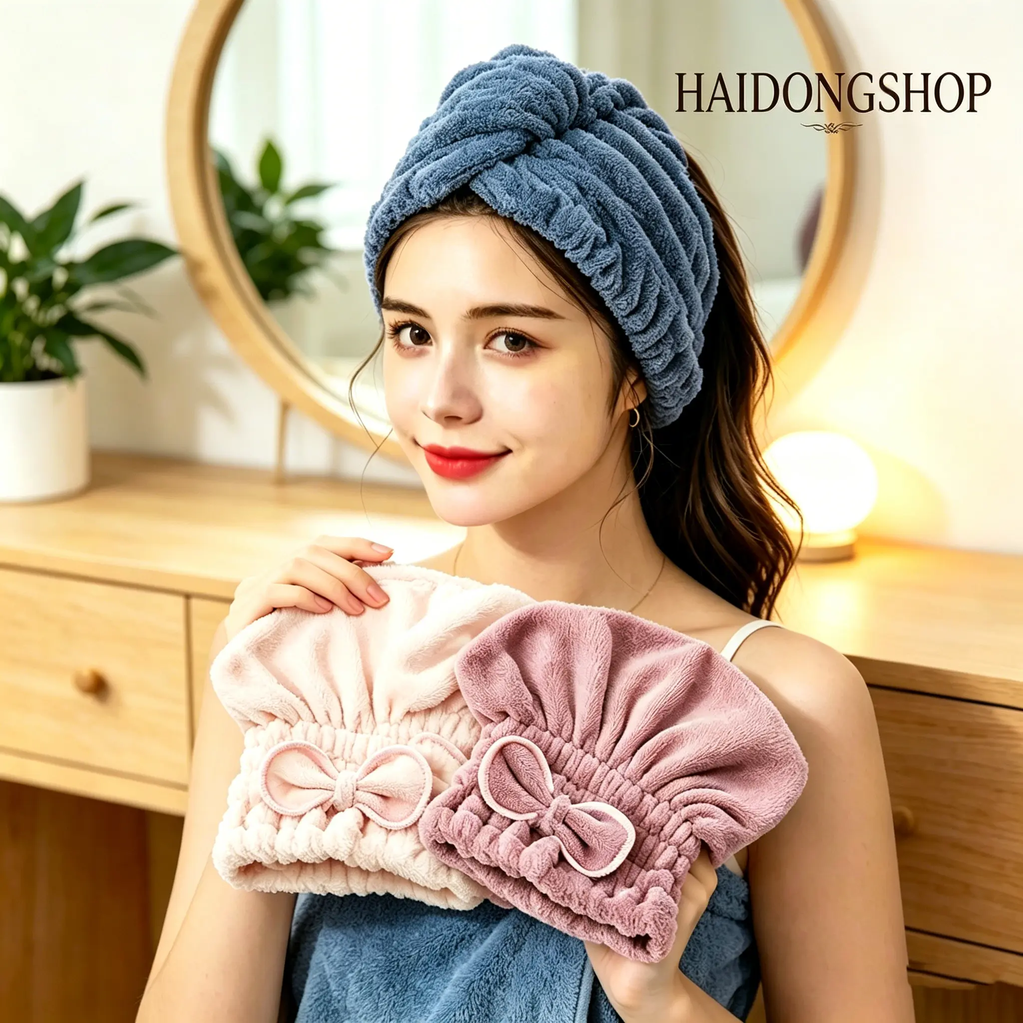 Bow Tie Microfiber Hair Drying Towel, Super Absorbent Quick Dry Hair Wrap Turban, Soft Coral Fleece Shower Cap for Women