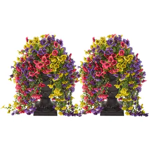 DR.Planzen 2-Pack 26in Artificial Pansy Flowers, 660 Blooms Faux Hanging Arrangement in Black Urn Planter, Spring Porch Patio Decor
