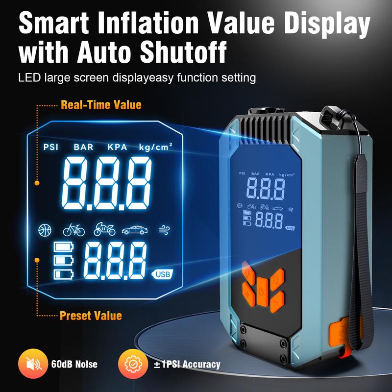 Portable Car Jump Starter with Air Compressor, 12V Battery Booster for 6L Gas/3L DL, 1000A 150PSI Tire Inflator, Smart Jumper Cables, LED Flashlight, LCD & Tire Pressure Display