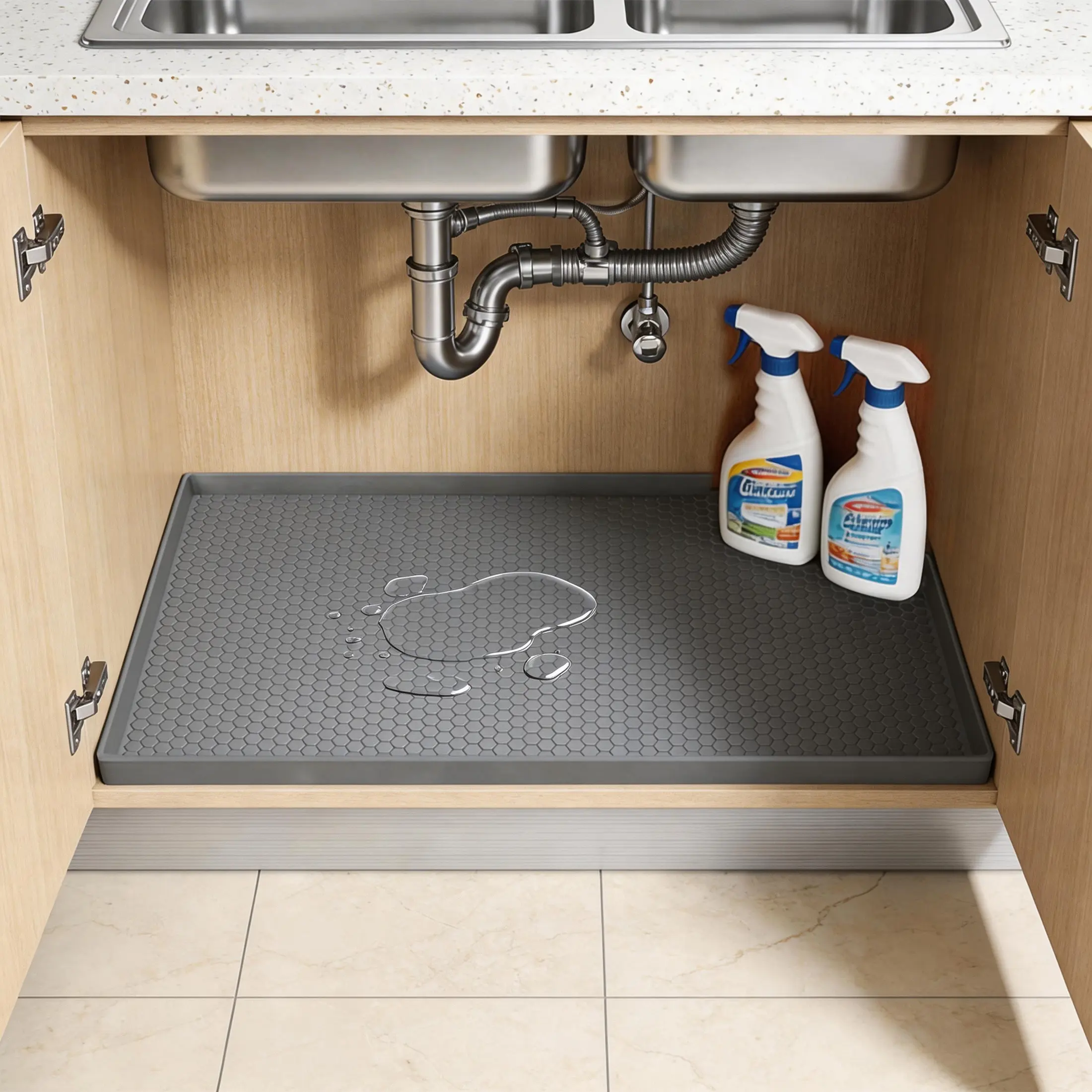 Gray Waterproof Silicone Under Sink Mat (34in x 22in) - Non-Slip Kitchen Cabinet Liner, Protector for Bathroom & Laundry