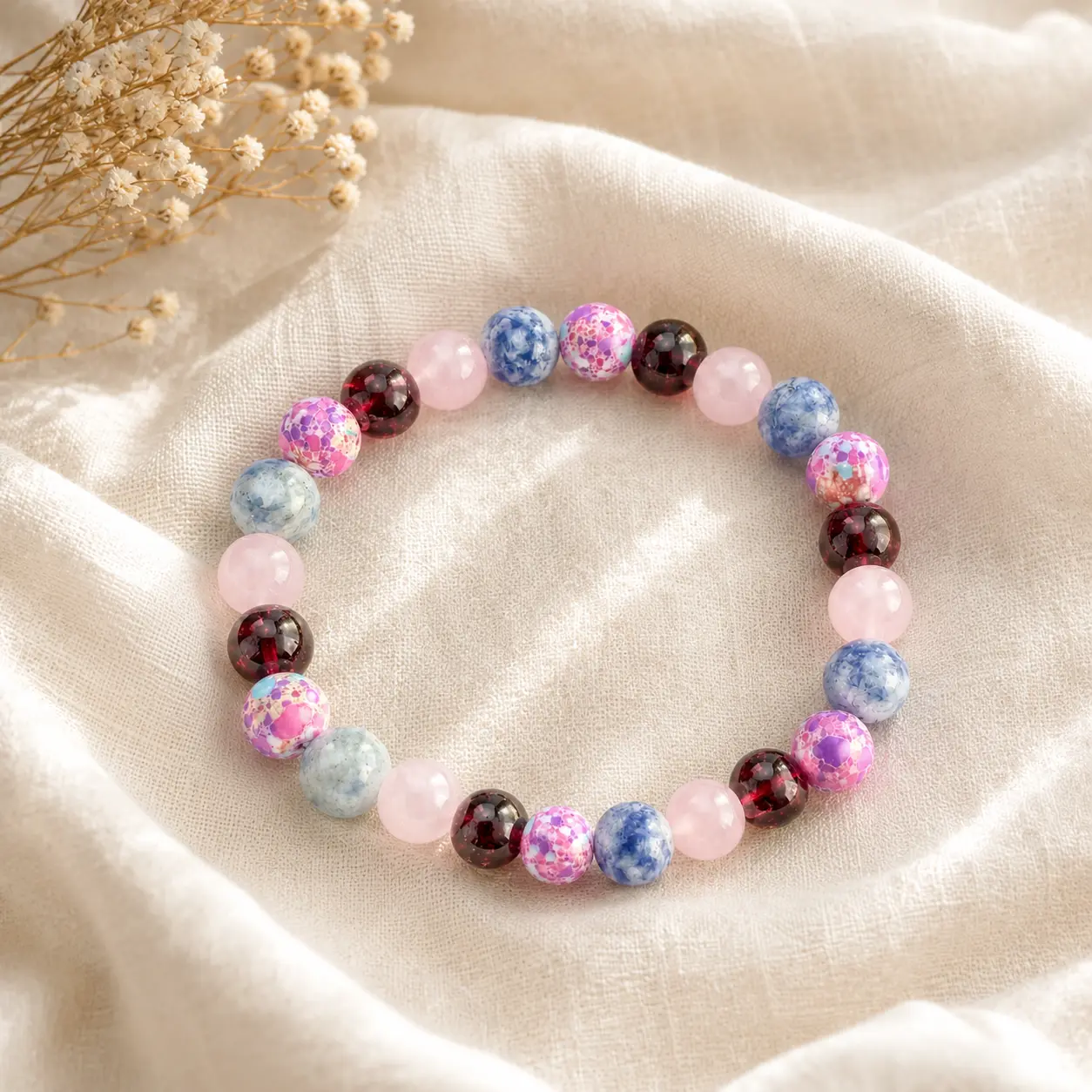 Colorful Mixed Bead Stretch Bracelet with Pink, Blue and Burgundy Round Beads, Easy Everyday Fashion Jewelry Gift