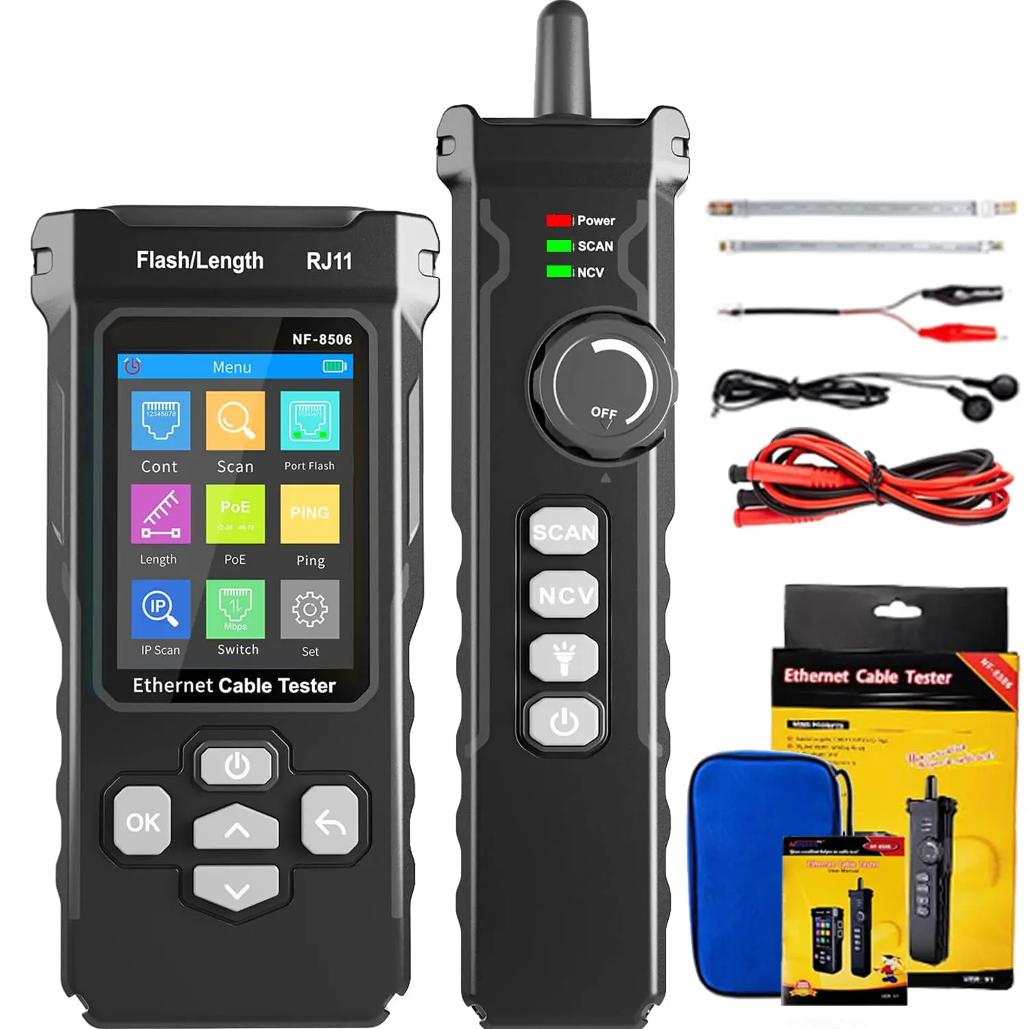 NF-8506 Network Cable Tester and Tracker with IP Scanne Network Rate Test,PING/CAT5 CAT6/TDR Multifunction Network Tester Cable Toner for RJ11 RJ45 LAN Ethernet POE Cable Tester Telephone Cable Finder TRMS Multimeter Magnetic Hanger visual indication
