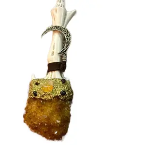 Natural Citrine and Amethyst Wand with Moon Charm
