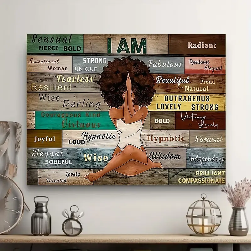 A Framed Canvas Wall Art Print, Wooden Wall Art, Aesthetic Wall Decor, Artistic Indoor Decoration, African American Woman Silhouette with Positive Affirmations, Vibrant Colors, Inspirational Poster, Home Decoration, Ready-to-Hang Self-Love Gift